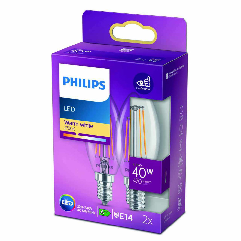 Philips Led Leuchtmittel Filament Kerzenform B E W Warmwei Klar