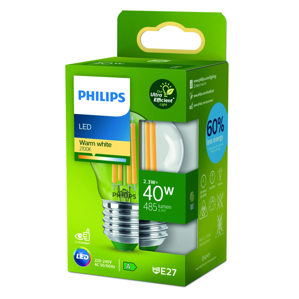 Philips LED Leuchtmittel Filament Tropfenform P45 E27 2 3W warmweiß