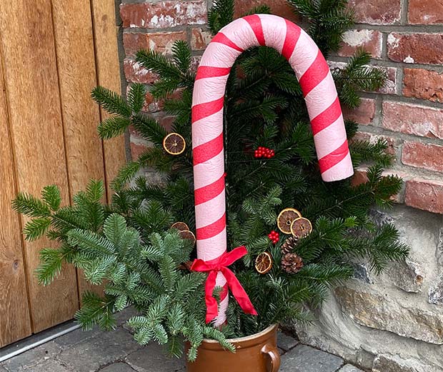 Zuckerstange basteln: XXL Zuckerstange aus Poolnudel in einem Blumentopf