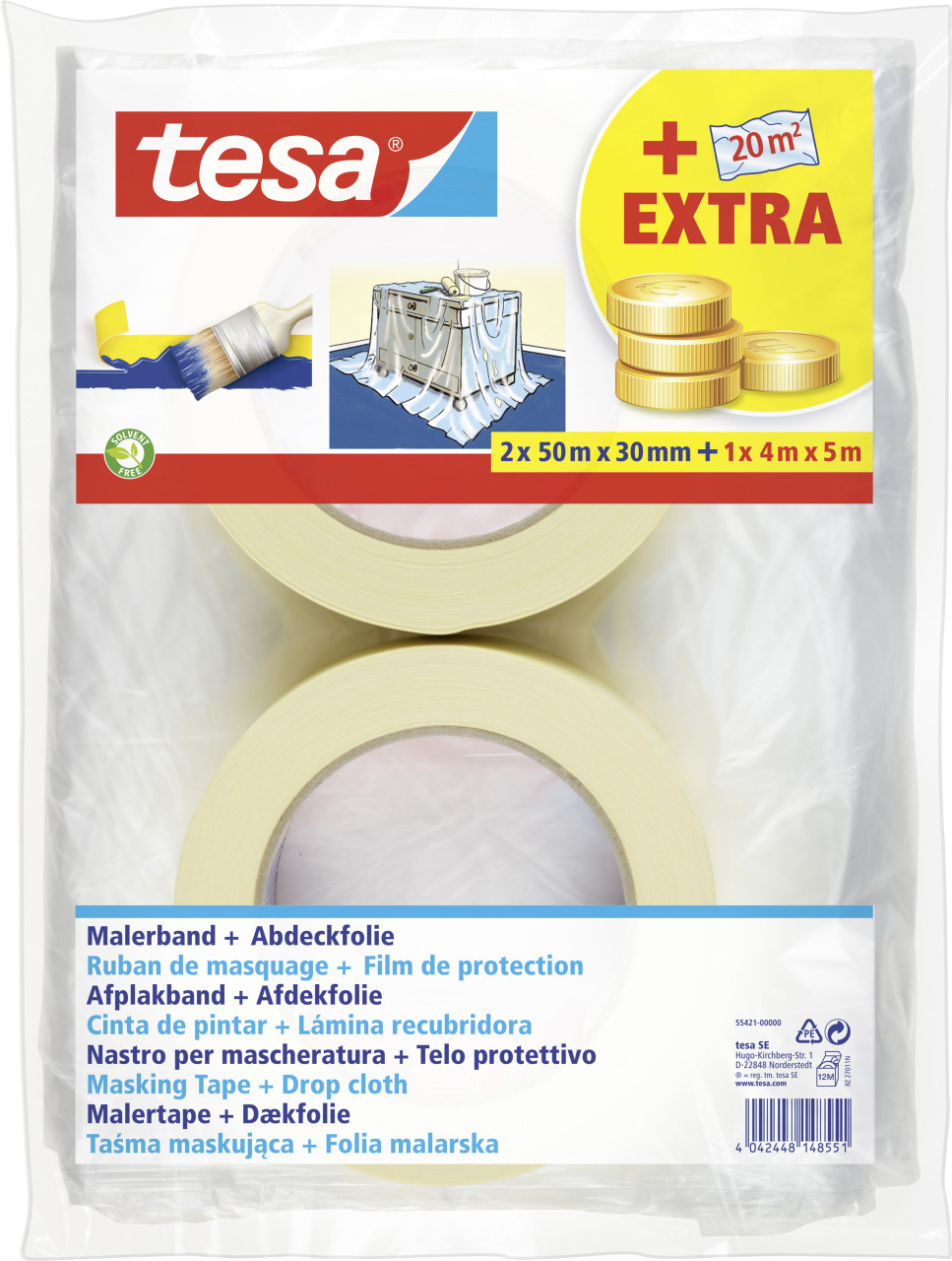 tesa Set Universal 2 x Kreppband 50 m x 30 mm, 1 x Abdeckfolie 4 x 5 m GLO765300945