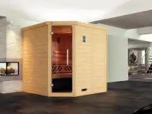 Weka Massivholz-Eck-Sauna Kemi Eck 2 mit Glastür und Komfortpaket